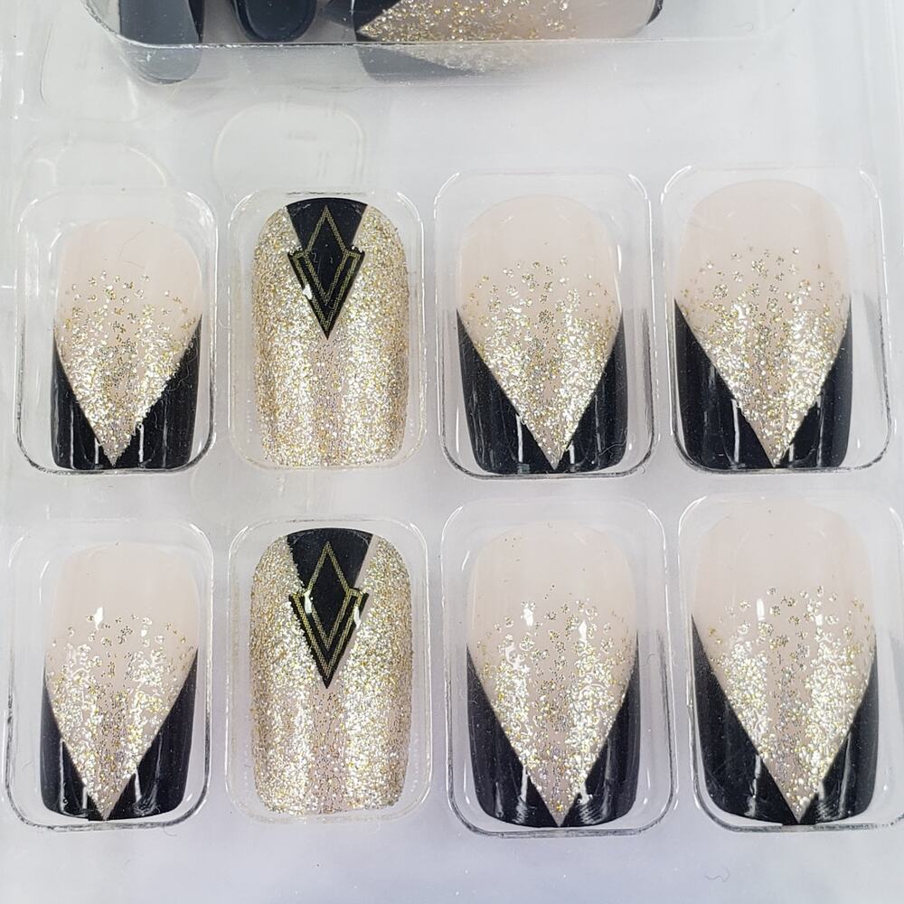 24pc Press On Nails Set Short Square Shape Black Cream Gold Glitter +Glue & File